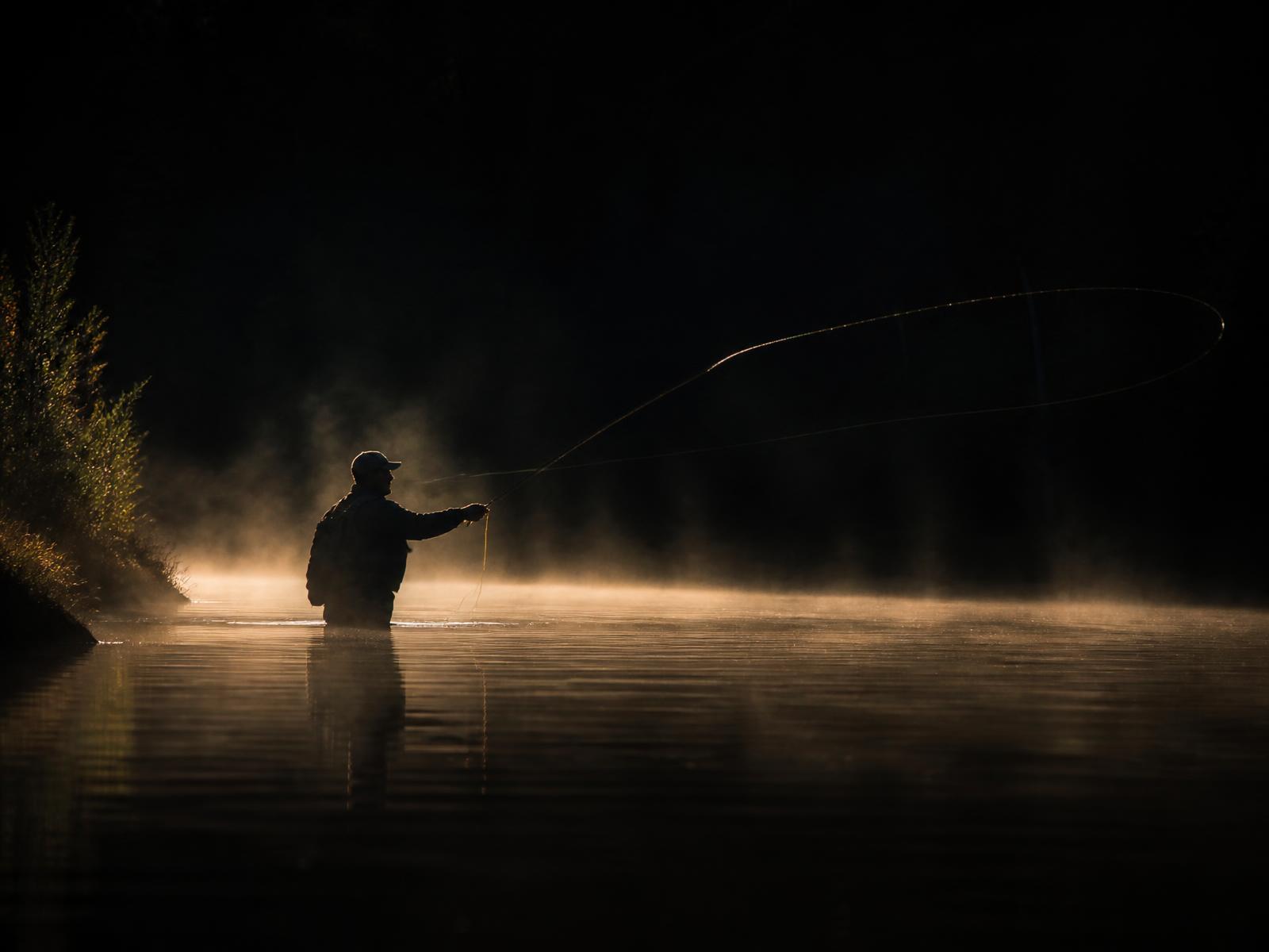 Angler casting a line at dawn on a misty lake